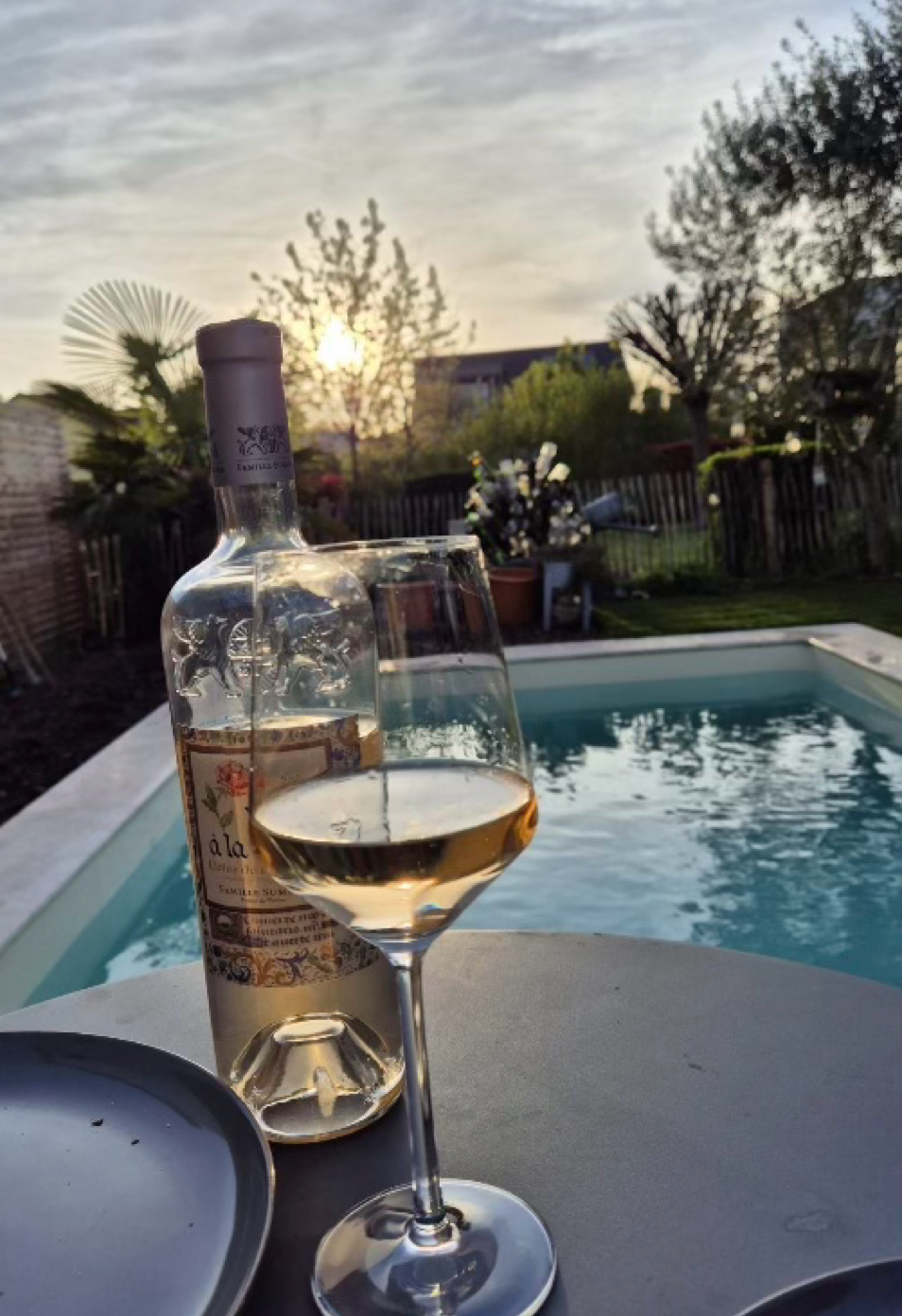 Eine Flasche und ein Glas Weißwein stehen auf einem Tisch neben einem Pool, im Hintergrund sind Bäume und ein Haus bei Sonnenuntergang zu sehen.