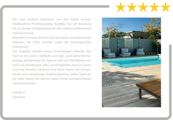 Eine Bewertung mit fünf gelben Sternen, daneben ein Bild eines Pools mit Liegestühlen und einem Holzzaun im Hintergrund.